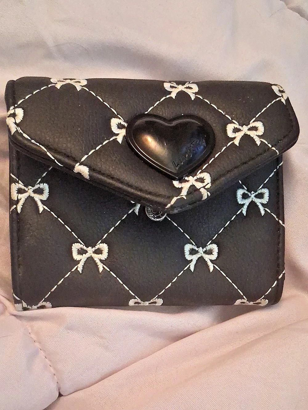 Luv Betsey Quilted Bow Heart Flap Wallet Black & White